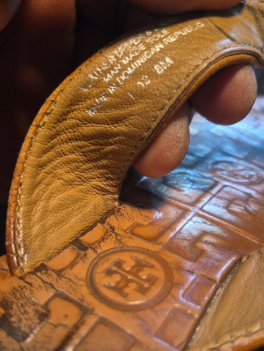 Tory Burch Tan Leather Logo Thong Sandals with Gold Emblems